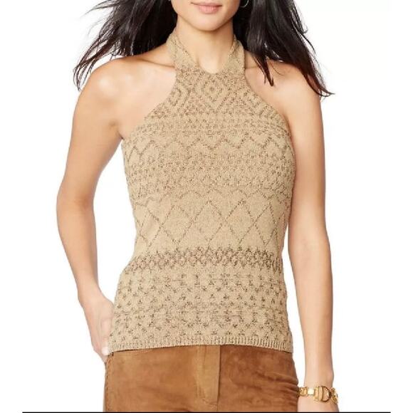 Ralph Lauren Womens Blouse Brown Halter Linen Silk Blend Lined Stretch Medium - Picture 1 of 11